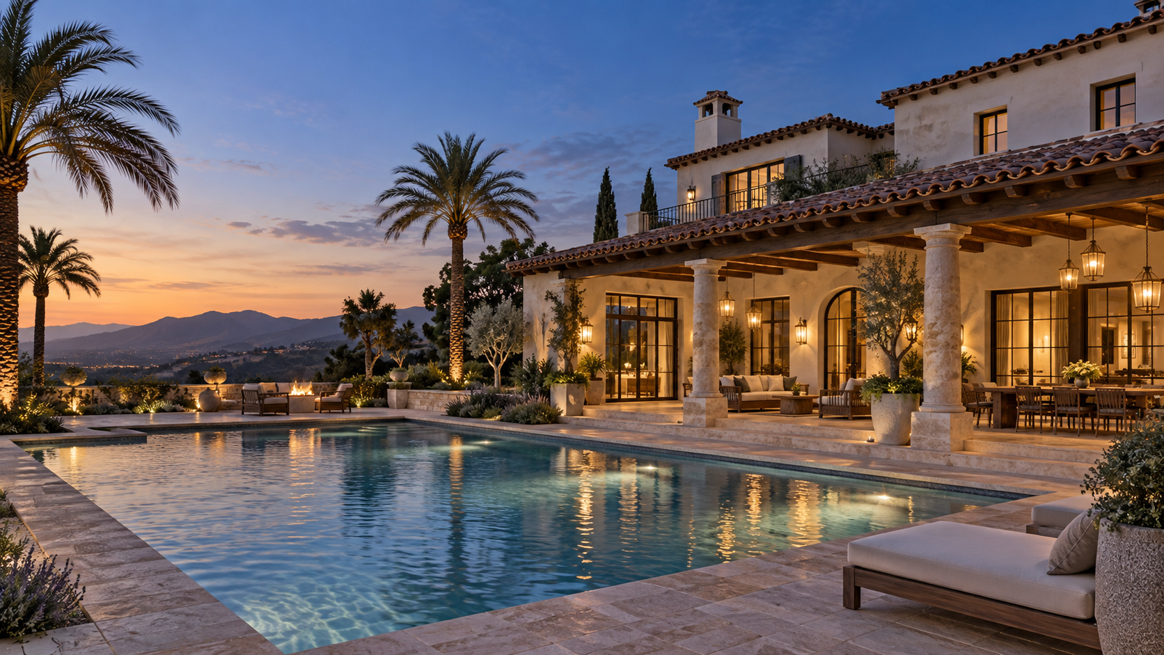 Mediterranean villa with a pool and palms at twilight